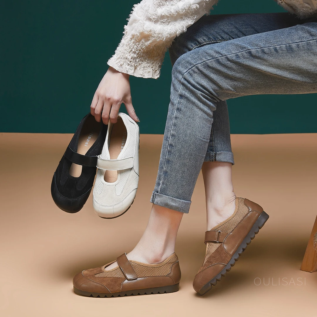 头层牛皮单鞋女2025春季新款魔术贴厚底轻便百搭舒适软底软面休闲