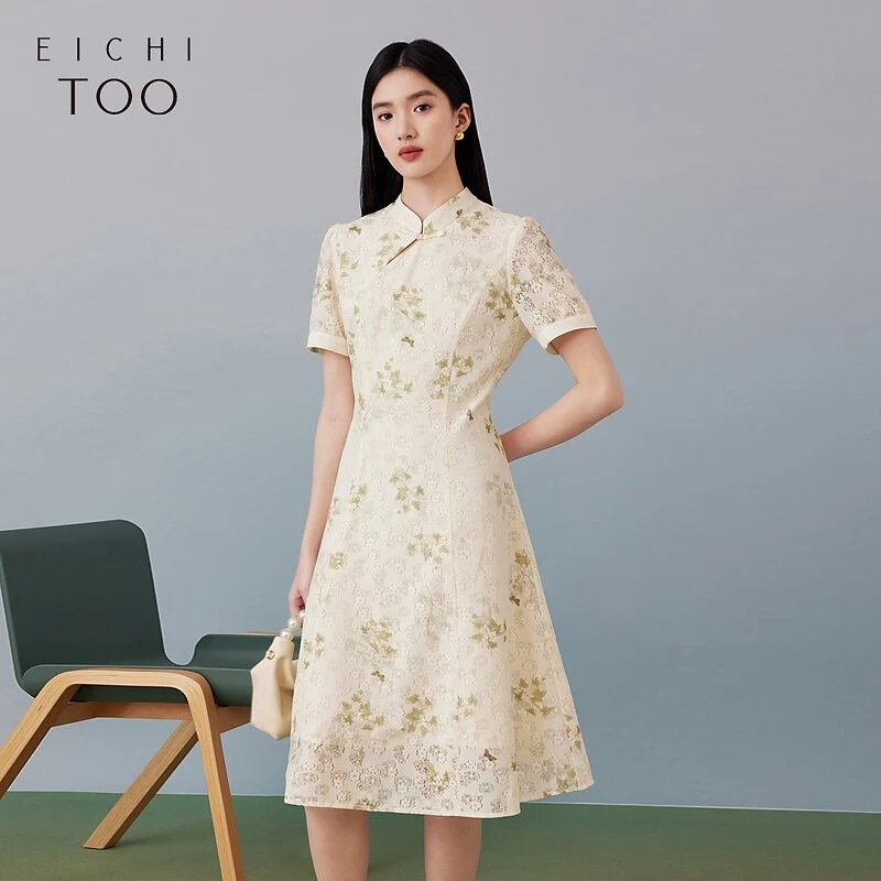 A爱居兔百花图卷联名新中式时尚短袖连衣裙EQLBJ2P050A