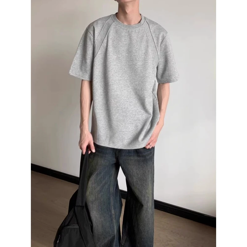 夏季重磅硬挺短袖cleanfit纯色重磅t恤男女vibe宽松圆领加厚半袖