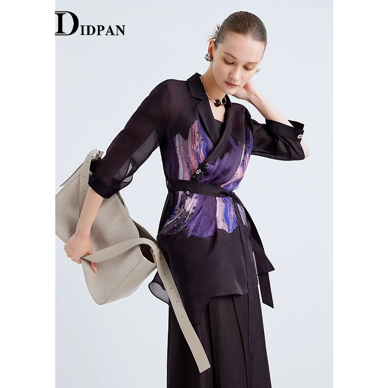 IDPAN气质时尚复古长款印花优雅拼接提花上衣(赠吊带)2F3C33048