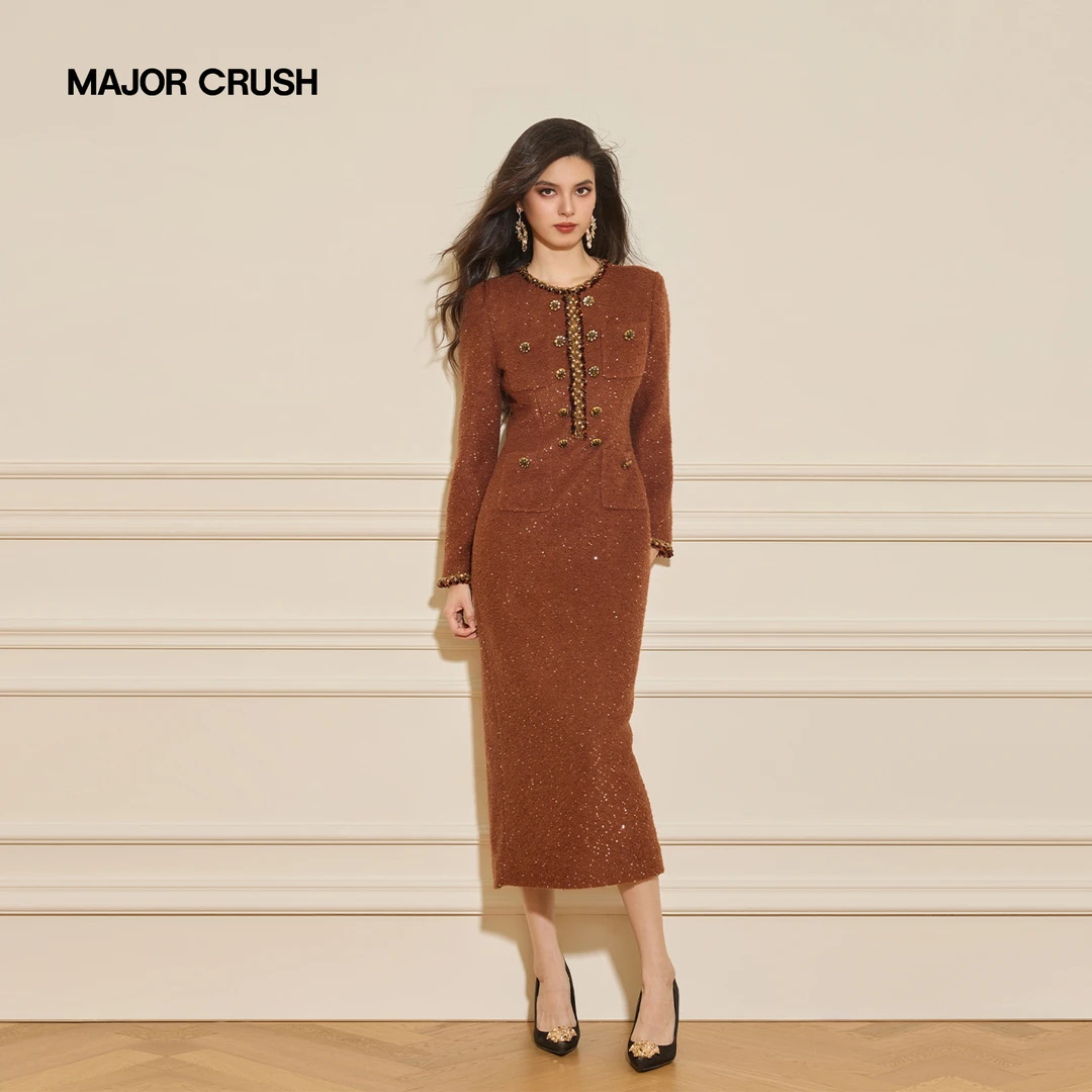 MAJOR CRUSH冬季新款棕金雅颂小香连衣裙复古修身收腰小香风7762