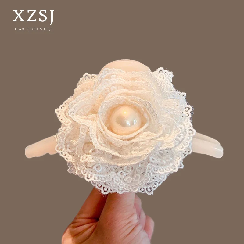 手工白色蕾丝花朵抓夹女高级感新款鲨鱼夹后脑勺发夹头饰发卡发饰