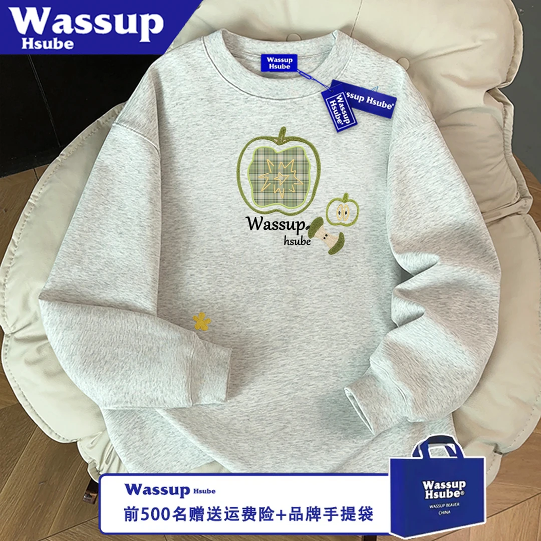 WASSUP HSUBE潮流宽松美式长袖秋冬苹果仿刺绣字母印花情侣上衣