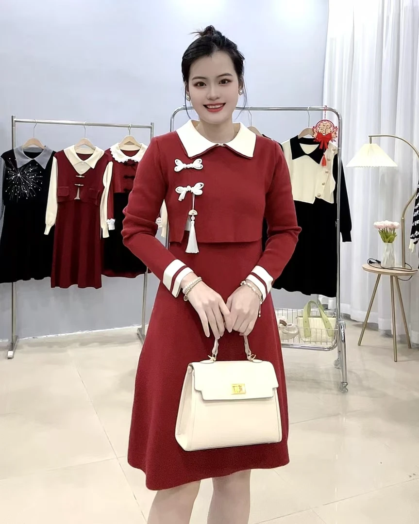 新中式假两件设计感连衣裙时尚百搭显瘦打底裙子秋冬款#8157