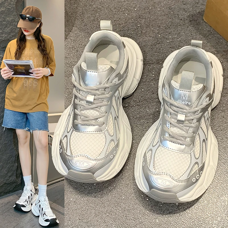 真皮厚底老爹鞋女2025秋季新款百搭轻便时尚网面透气休闲运动鞋子