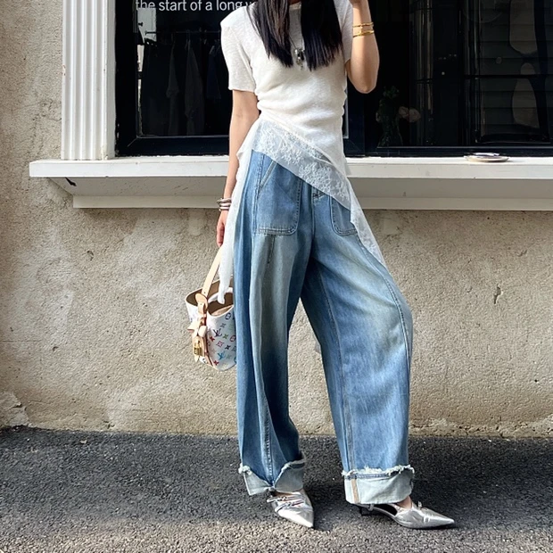 【MY】斜口袋翻边不规则设计蓝色直筒裤70629