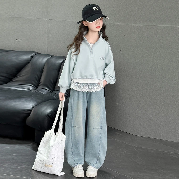 女童时尚蕾丝花边卫衣儿童宽松牛仔弯刀裤三件套2025新款中大童潮