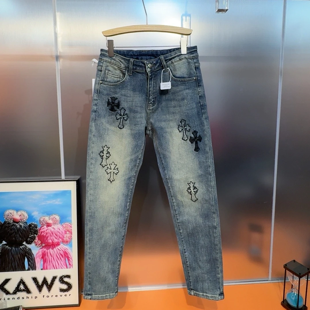 春夏新款刺绣弹力修身牛仔裤男士时尚轻奢痞帅百搭裤子男