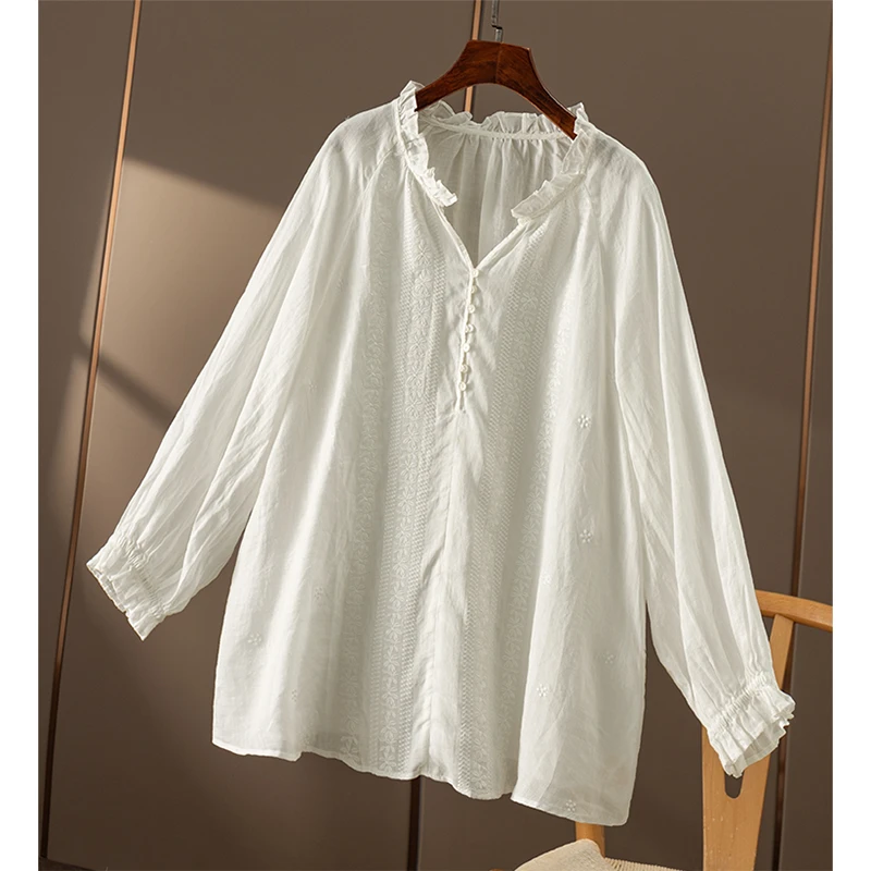 文艺闲适 法柜重工定位刺绣苎麻木耳边立领衬衫女春天家49B3 特