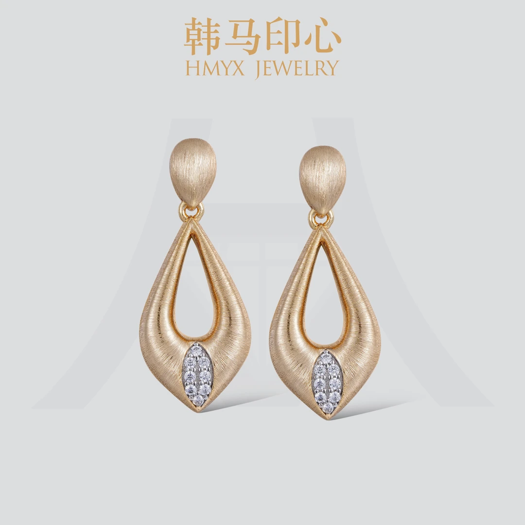 韩马印心 925银耳饰 轻奢复古风耳钉拉丝工艺水滴形耳饰女