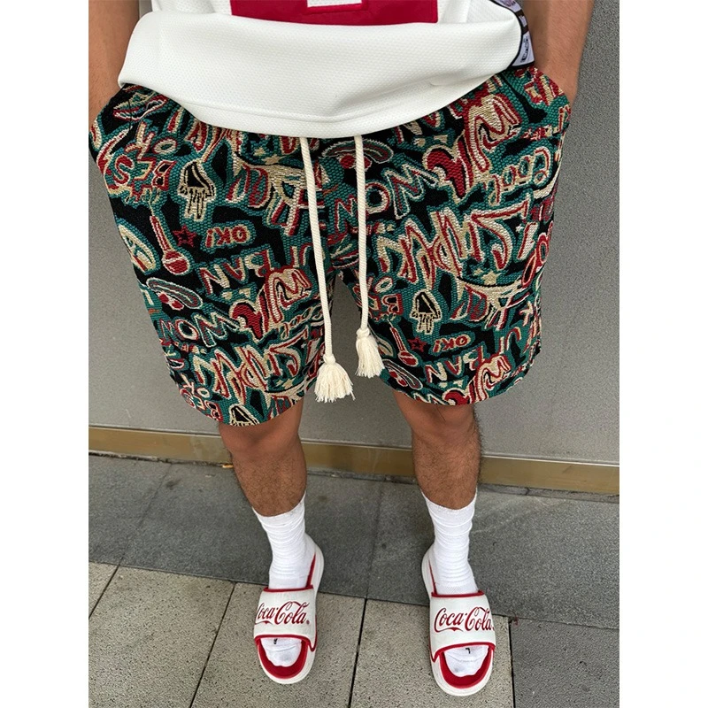 提花印花民族风短裤男款夏季重磅运动五六分裤夏威夷度假风沙滩裤
