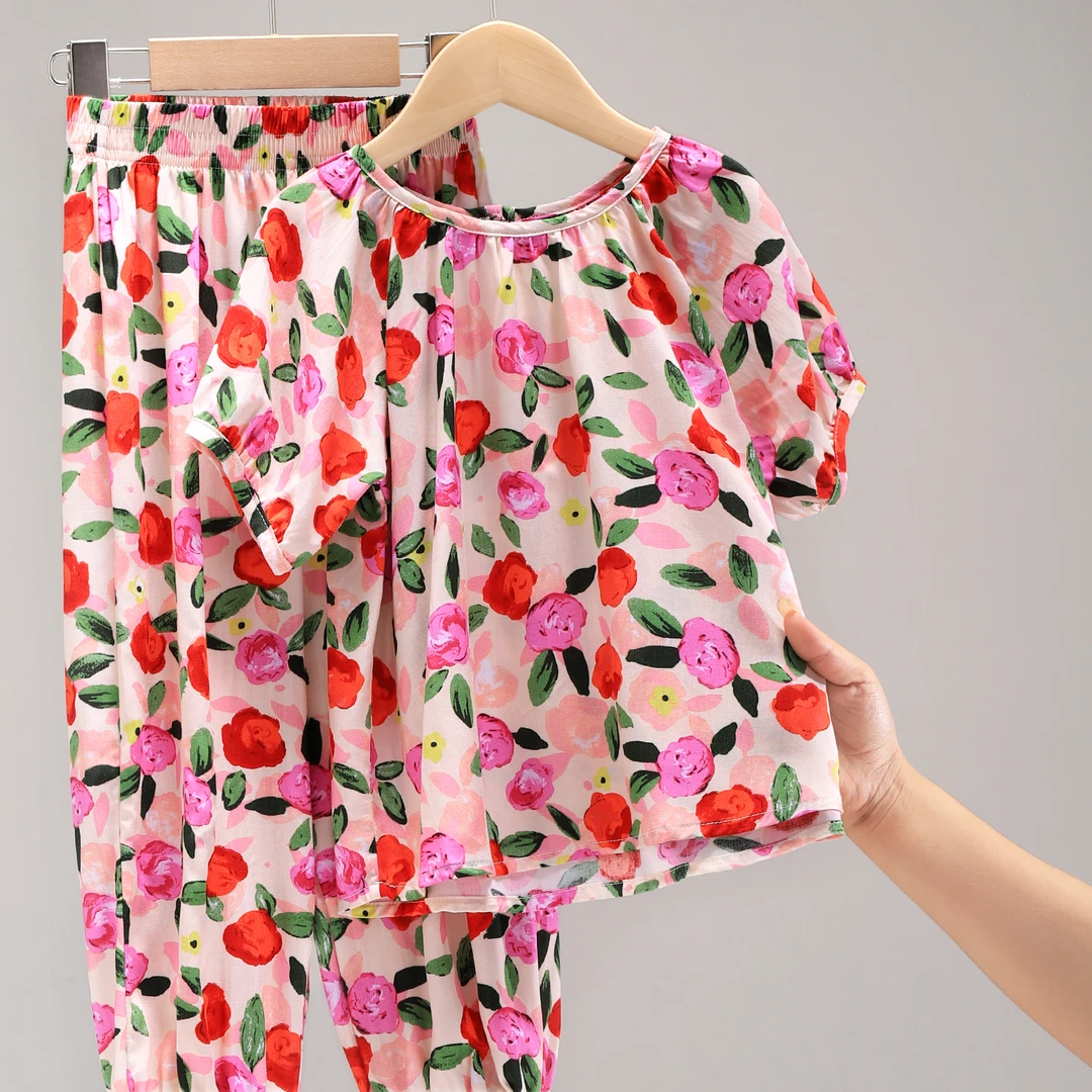 新品 512578 人造棉圆领套装儿童短袖碎花女童洋气时尚宝宝夏季