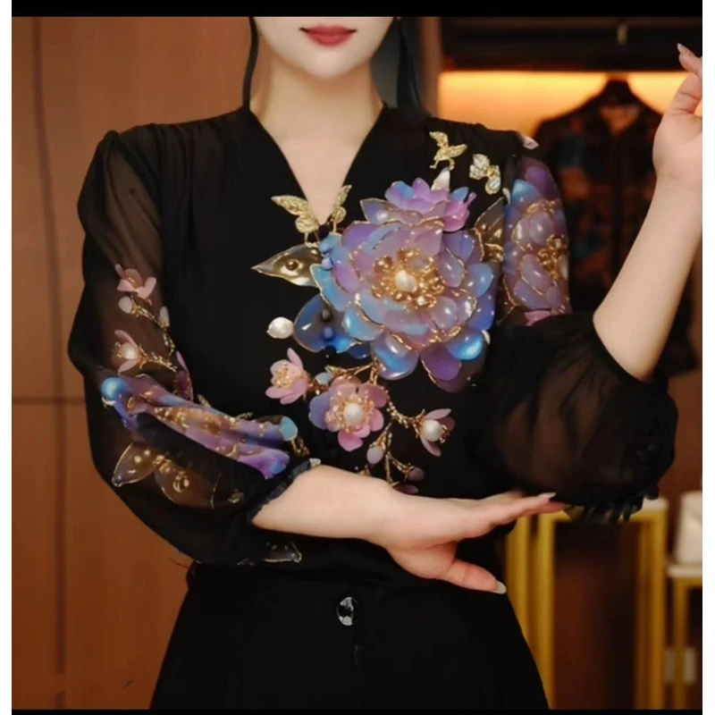 【蔷薇花】高端定位印花气质百搭女衬衣！洋气七分袖V领显瘦小衫2528