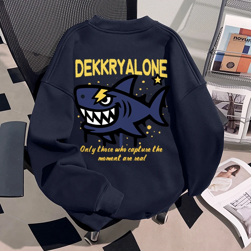 Dekkry潮流趣味鲨鱼印花秋冬套头圆领卫衣男女加绒情侣藏青色上衣