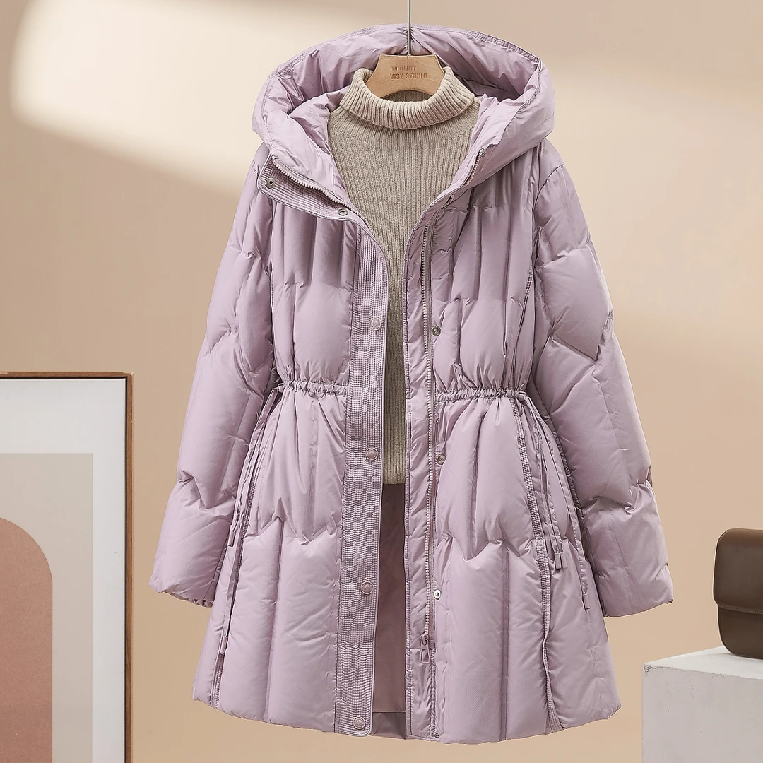 2025年冬季新款收腰显瘦加厚羽绒服女中长款90白鸭绒气质连帽外套