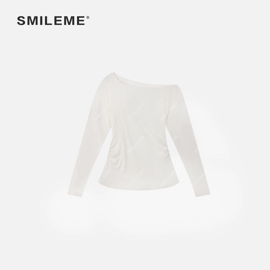 2-SMILEME【在水伊人】早秋穿搭‘’天丝＋羊毛‘’混纺百搭长袖斜肩上衣