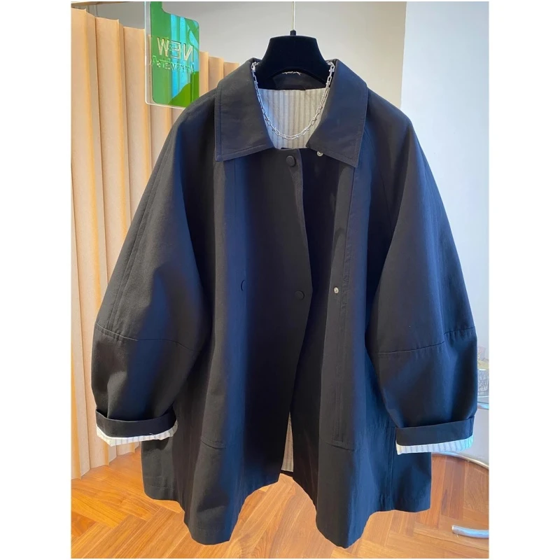 2-300斤超大码条纹拼色宽松夹克衫秋冬男女复古休闲工装翻领风衣