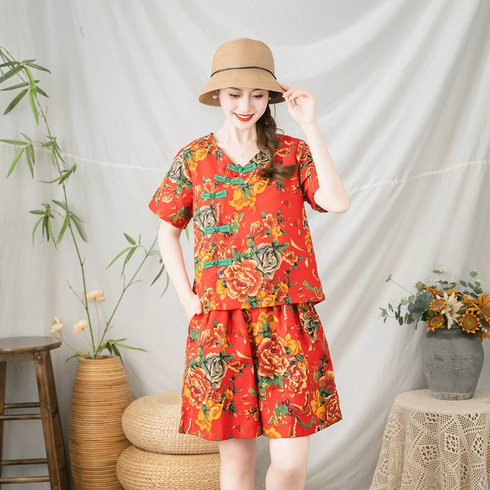 短款中裤常规中老年女装时髦小姨风中国风V领碎花