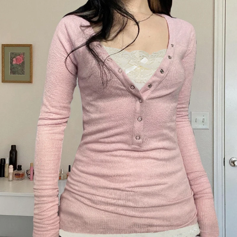 纯欲风辣妹蕾丝拼接V领修身内搭打底针织衫女秋季新品拼色长袖T恤