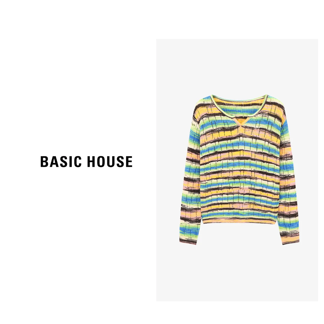 Basic House/百家好春季新款时尚多彩条纹V领针织衫-B0625H5H152