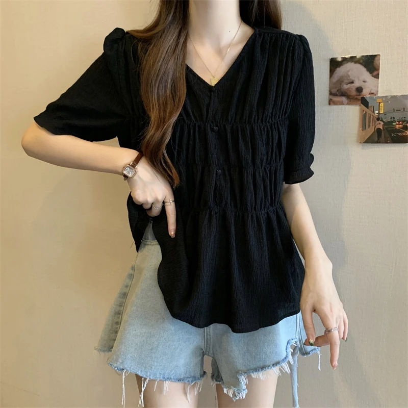 大码法式气质V领短袖T恤女2025新款夏季胖妹妹显瘦上衣