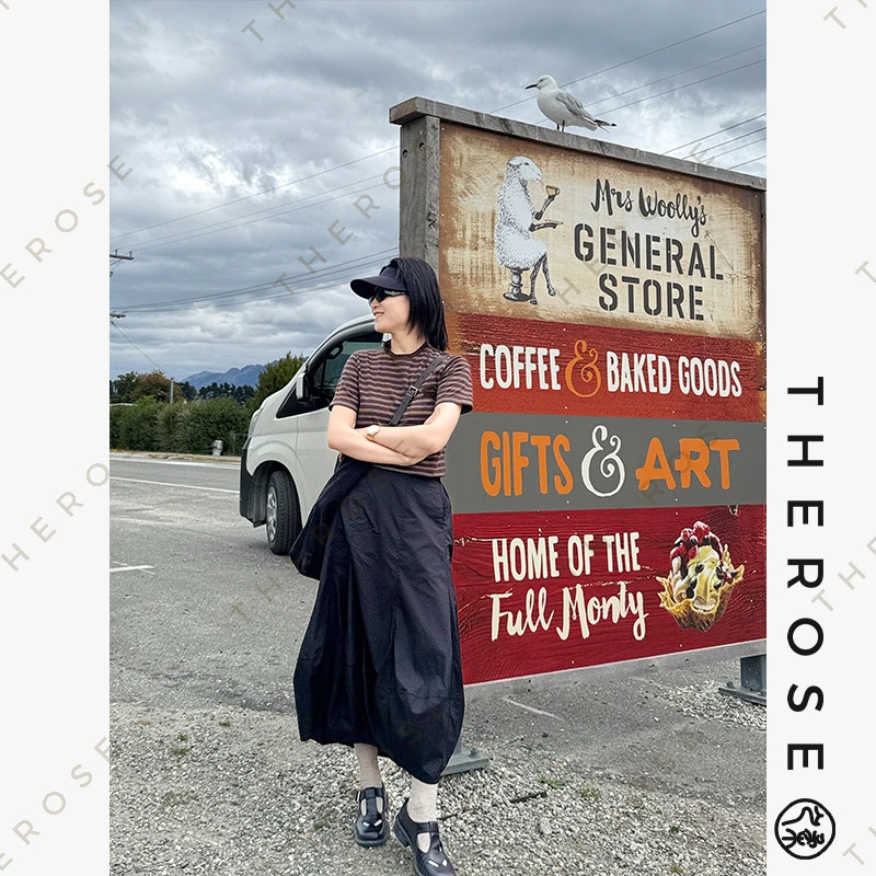 之柔【小棕T 条纹】时尚复古休闲撞色针织T恤透气舒适圆领口袋短袖