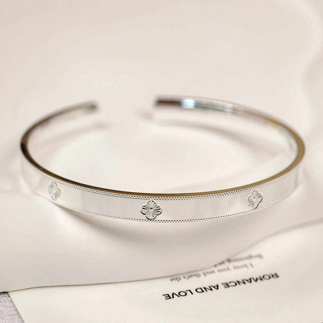 足银手镯 9999纯银时尚车花四叶草手镯气质轻奢手环韩版饰品礼物