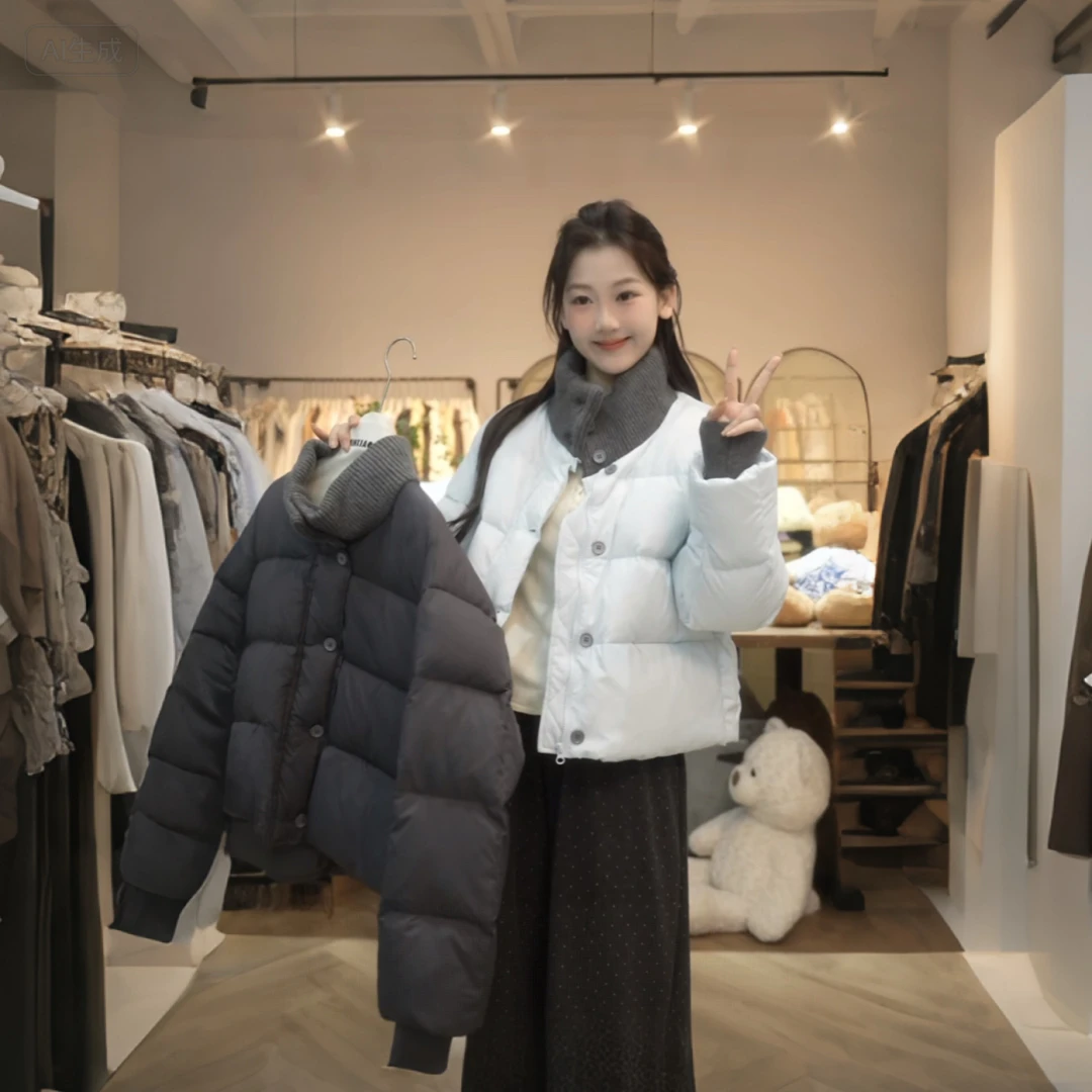 【闵笑一】北岛冬日 韩系简约撞色领短款羽绒服女冬保暖百搭外套