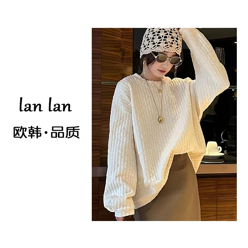 琪琪-秋上新【菱格卫衣】韩版圆领气质菱格卫衣女宽松显瘦长袖