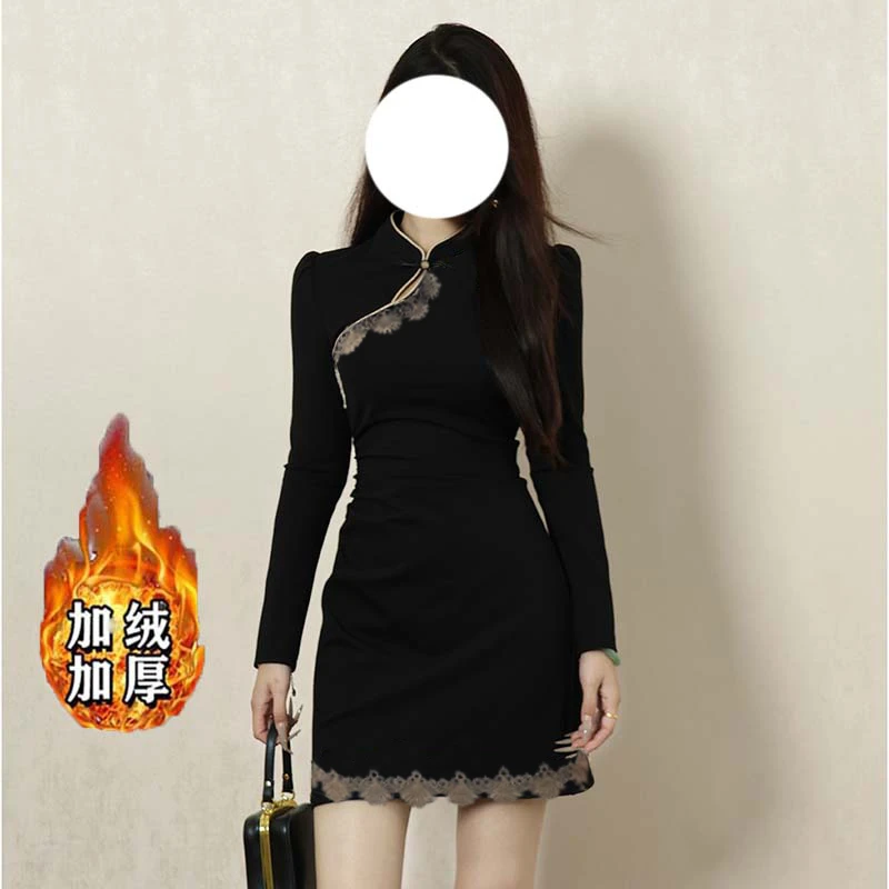 【木子】【常规/加绒】新中式收腰显瘦连衣裙女秋冬高级感小黑裙D4135