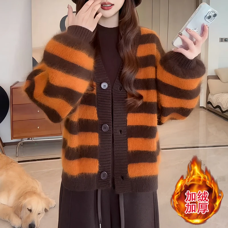 韩系宽松慵懒条纹毛衣外套女冬季氛围感穿搭加厚百搭针织开衫上衣