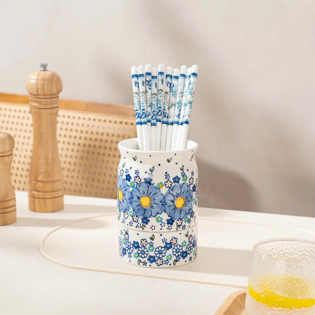 【SILISIA/出口原单】勿忘我带底托筷子筒+5双玉树银花筷子