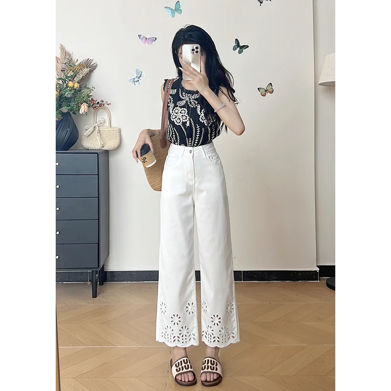 乔栈爆款莱赛尔天丝白色镂空刺绣九分阔腿牛仔裤女夏薄款高腰直筒