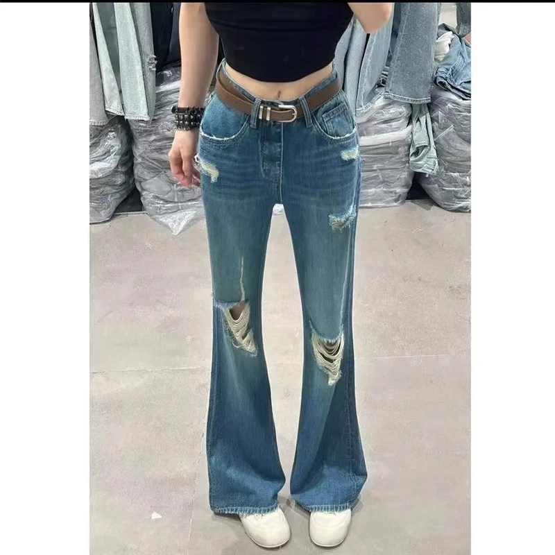 蓝色破洞不贴腿喇叭牛仔裤女2025夏季薄款高腰宽松显瘦马蹄喇叭裤