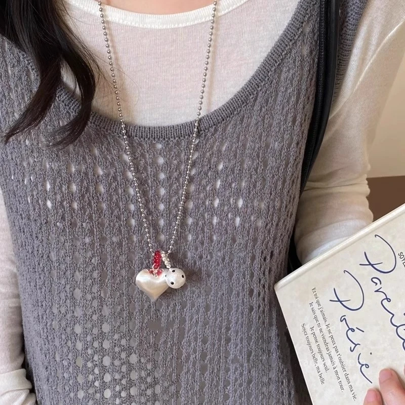 钛钢项链 银色波点爱心吊坠项链韩系ins小众高级卫衣链配饰毛衣链