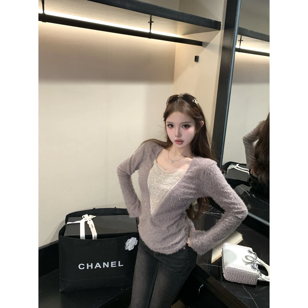 洋气炸街减龄设计感银线链条针织衫女秋冬慵懒小众上衣打底衫毛衣