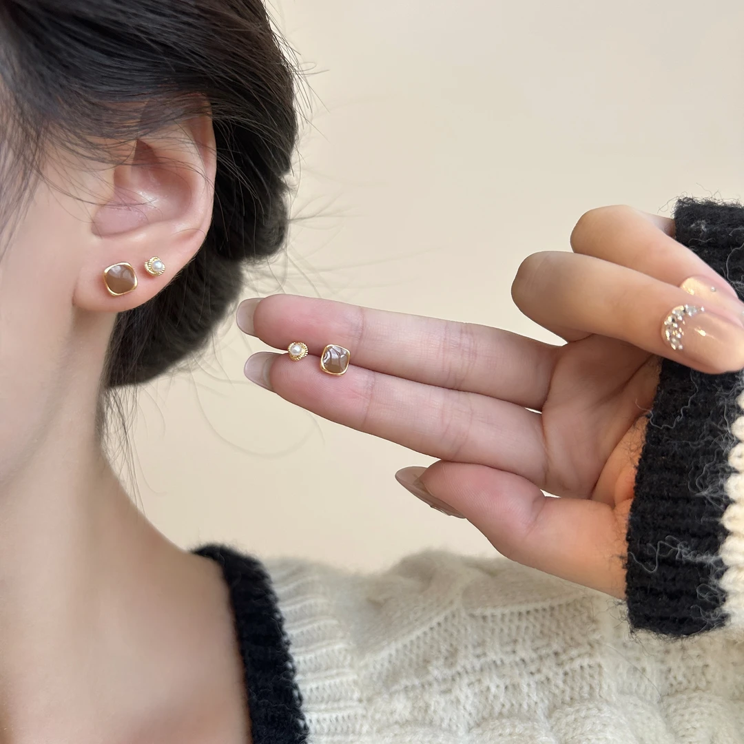 铜合金耳饰 美拉德咖色几何方形耳钉四件套气质时尚轻奢耳环耳饰