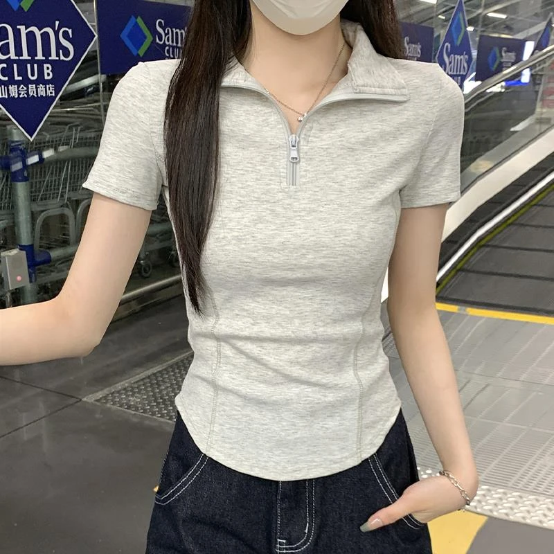 夏季新款Polo领拉链款修身短袖T恤女韩版鱼骨线条弧形收腰上衣