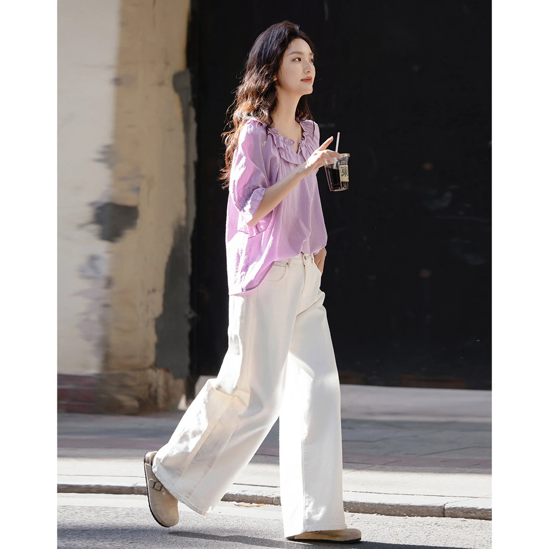 dme德·玛纳春季法式云朵棉花边领条纹衬衫气质中袖衬衣女装上衣