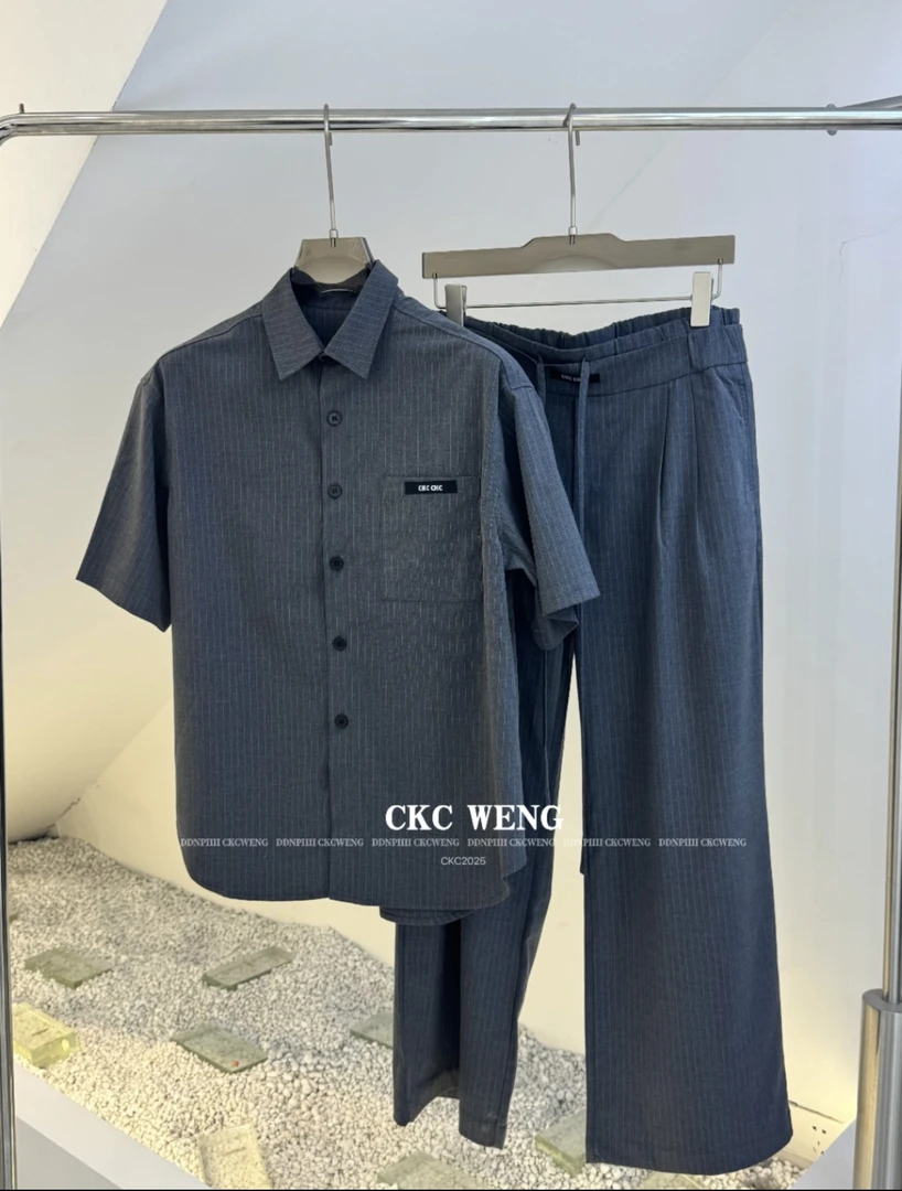 水洗中袖夏季衬衫长裤男时尚套装百搭弹力舒适休闲TZ6119