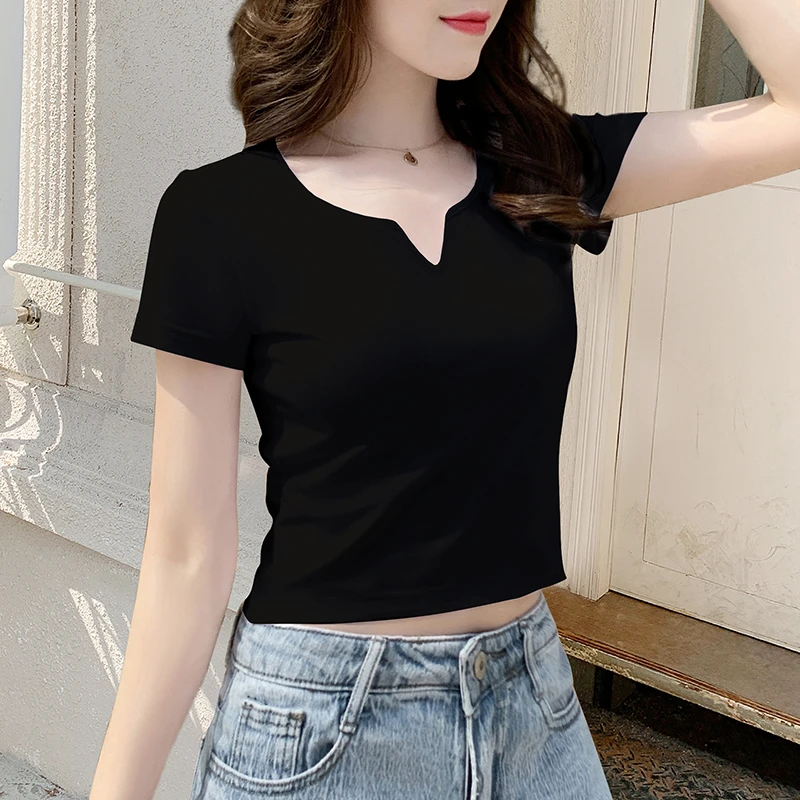 黑色v领短款t恤女短袖修身夏季2025新款高腰小个子棉露脐上衣夏