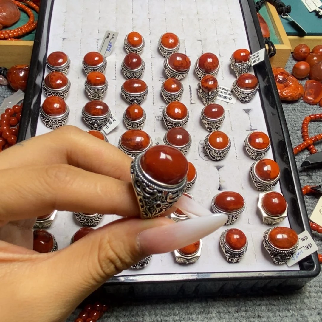 南红玛瑙银S925镶嵌戒指