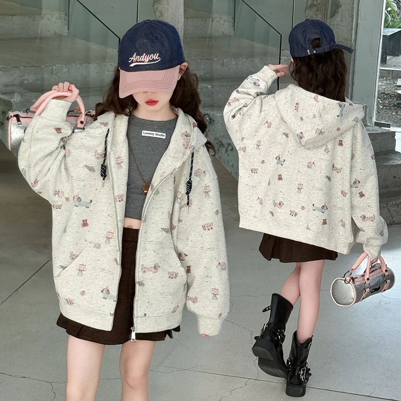 女童外套春秋2025新款小女孩韩版卫衣开衫连帽宽松大童秋装卡通潮