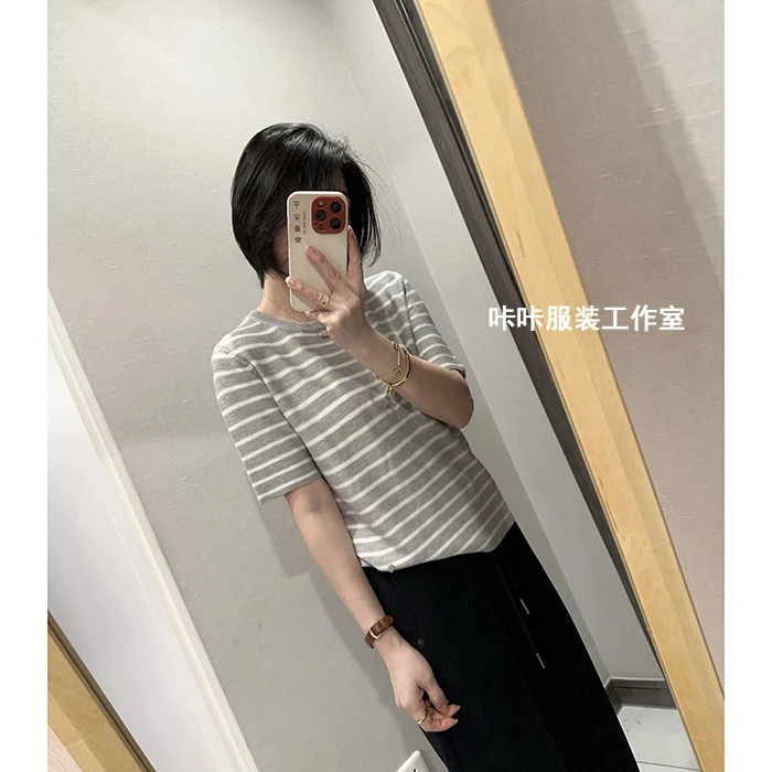 REKAYYAT“曲调”绵羊毛韩系百搭个性时尚显瘦圆领条纹短袖袖针织衫