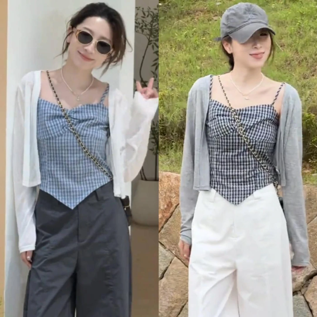 【纯纯欲动】2025夏季新款韩系设计感时尚洋气格子吊带背+开衫套装