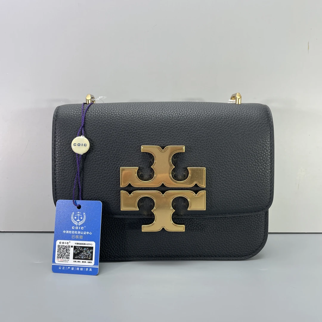 99新 TORY BURCH/汤丽柏琦 ELEANOR黑色荔枝纹斜挎包19*13*6cm