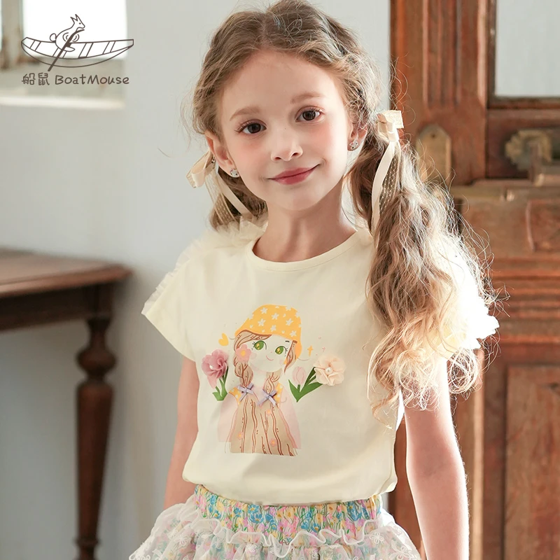 船鼠女童短袖t恤棉布 花朵卡通印花小女孩儿童女宝宝上衣夏季薄款