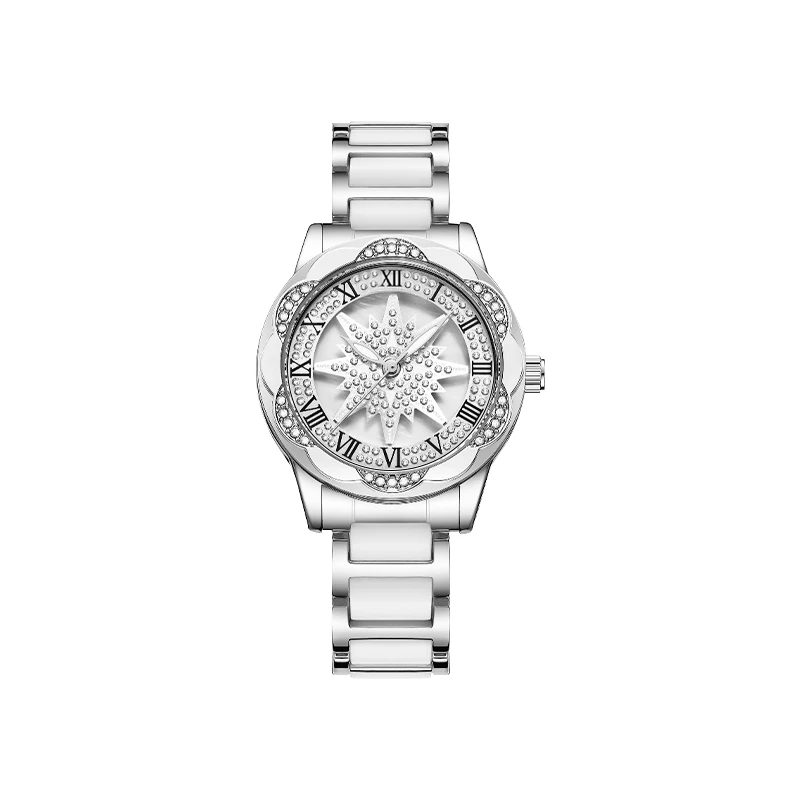 银色旋转六芒星手表高端镶钻时尚轻奢太阳花女士防水女款手表