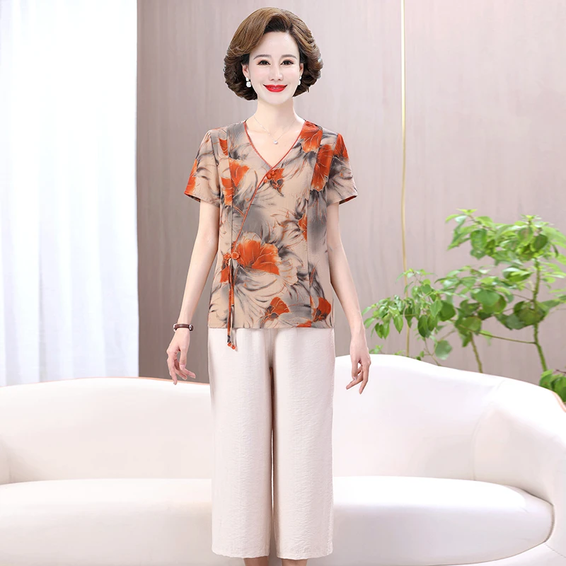 2025夏季新款中年妈妈简约夏装洋气套装中年女短袖阔腿裤两件套