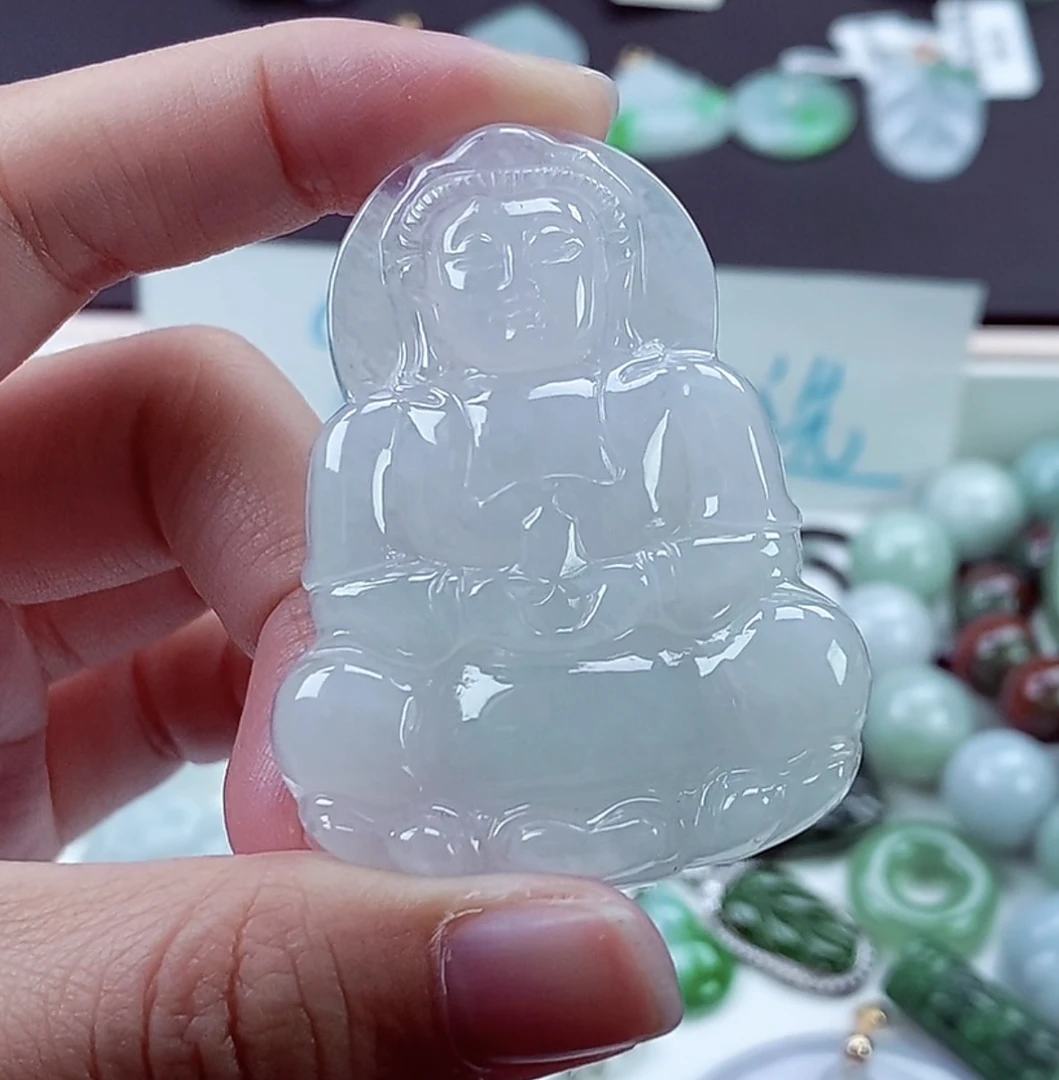 正品缅甸天然翡翠冰润观音吊坠53.3/39.5/6.5冰透精美气质